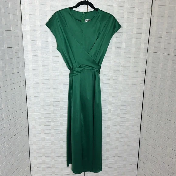 Angashion Kelly Green Satin Dress Sleeveless Cross Front Midi Dress Size Large - Picture 4 of 14